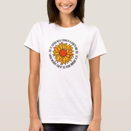 Schattigee zonnebloem bijbelvers Spreuken 31 T-shirt (Voorkant)