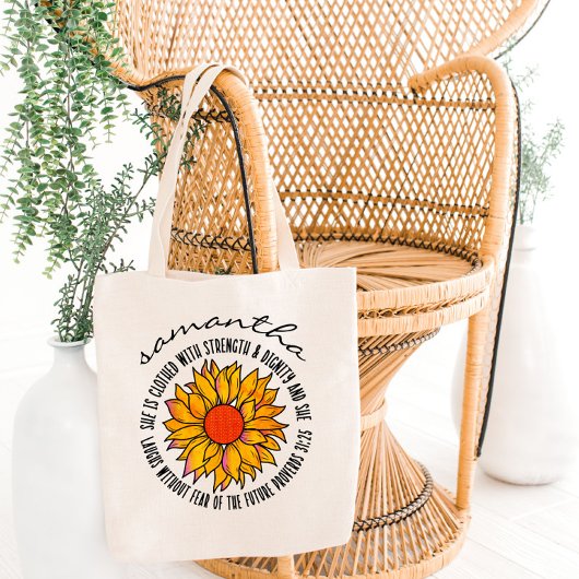 Schattigee zonnebloem bijbelvers Spreuken 31 Tote Bag