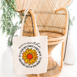 Schattigee zonnebloem bijbelvers tote bag