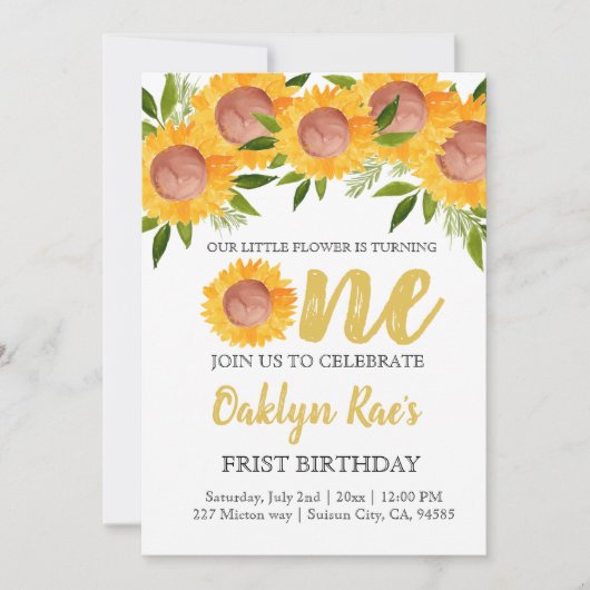 Schattigee Zonnebloem Bloemen kind Eerste Verjaard Kaart (Voorkant)