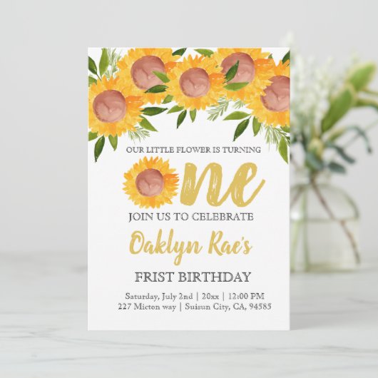 Schattigee Zonnebloem Bloemen kind Eerste Verjaard Kaart (Staand voorkant)