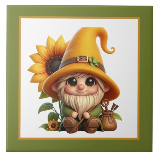 Schattigee zonnebloem gnoom liefhebbers tuin tegeltje (Voorkant)