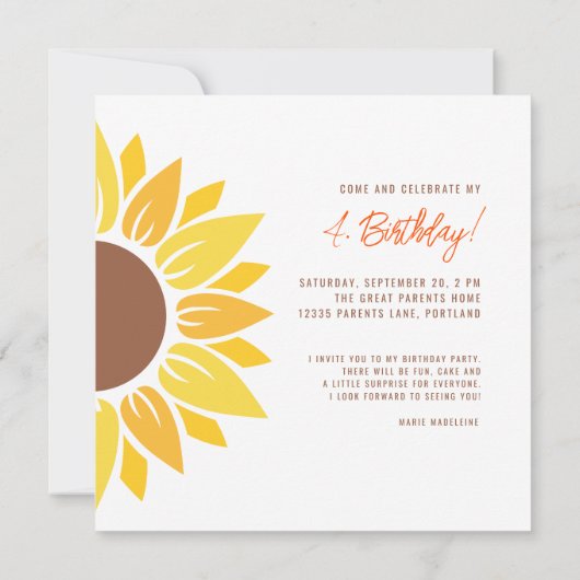 Schattigee Zonnebloem Kinderen Verjaardagsuitnodig (Achterkant)