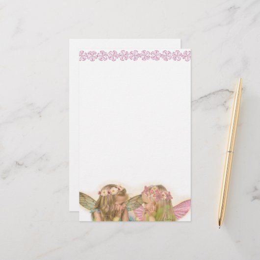 Schattigee zuster fee vrienden in roze fantasy kun briefpapier (Voorkant / Achterkant in situ)