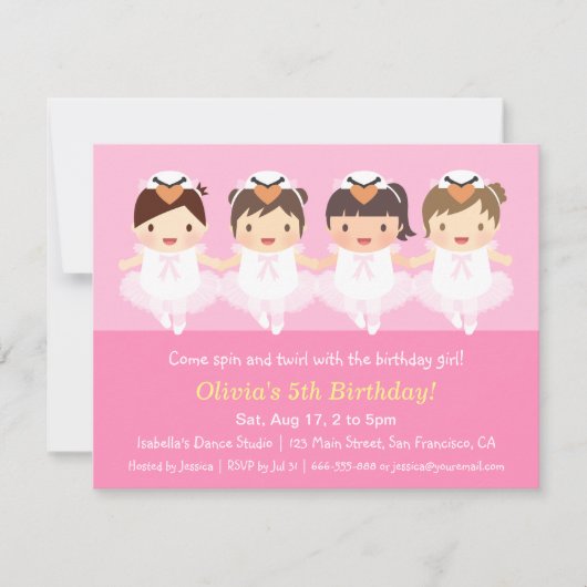 Schattigee Zwaan Ballerina Verjaardagsfeest Uitnod Kaart (Voorkant)