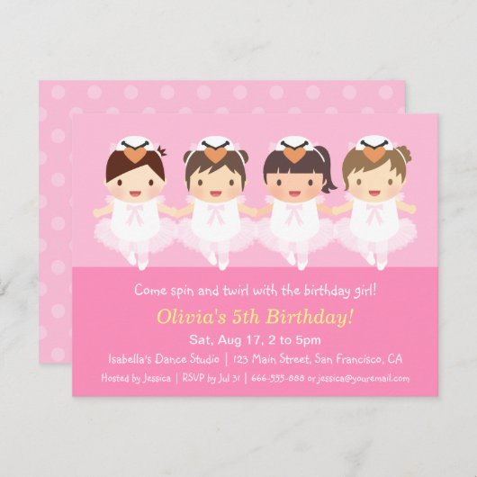 Schattigee Zwaan Ballerina Verjaardagsfeest Uitnod Kaart (Voorkant / Achterkant)