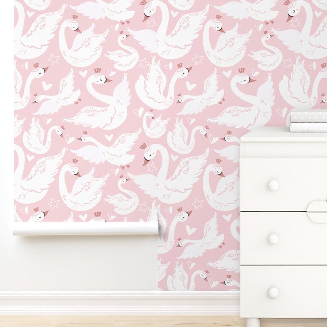 Schattigee Zwaan Moderne Elegante Roze Kwekerij Me Behang (Cute Swan Modern Elegant Pink Nursery Girl Room Wallpaper)