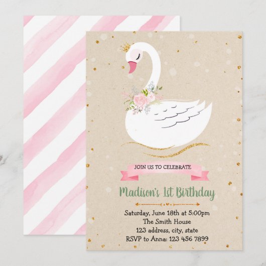 Schattigee zwaan verjaardagsfeestje Uitnodiging (Voorkant / Achterkant)
