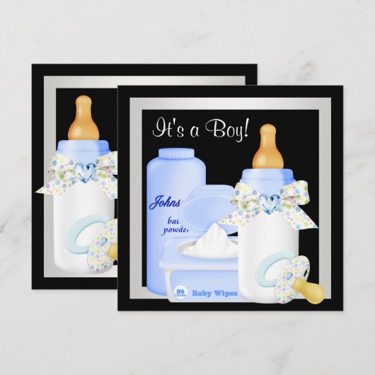 Schattigee zwart-blauwe babyjongensdouche kaart (Voorkant / Achterkant)