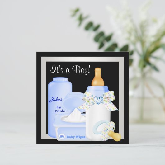 Schattigee zwart-blauwe babyjongensdouche kaart (Staand voorkant)