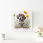 SCHATTIGEE ZWART & TAN KORTHARIGE TECKEL HOND VIERKANTE KLOK (Huis)