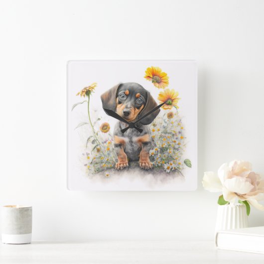 SCHATTIGEE ZWART & TAN KORTHARIGE TECKEL HOND VIERKANTE KLOK (Huis)