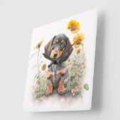 SCHATTIGEE ZWART & TAN KORTHARIGE TECKEL HOND VIERKANTE KLOK (Hoek)