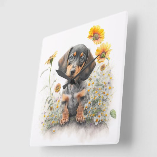 SCHATTIGEE ZWART & TAN KORTHARIGE TECKEL HOND VIERKANTE KLOK (Hoek)