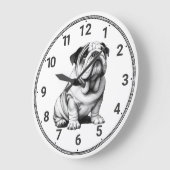 Schattigee zwart-wit bulldog schets grote klok (Hoek)