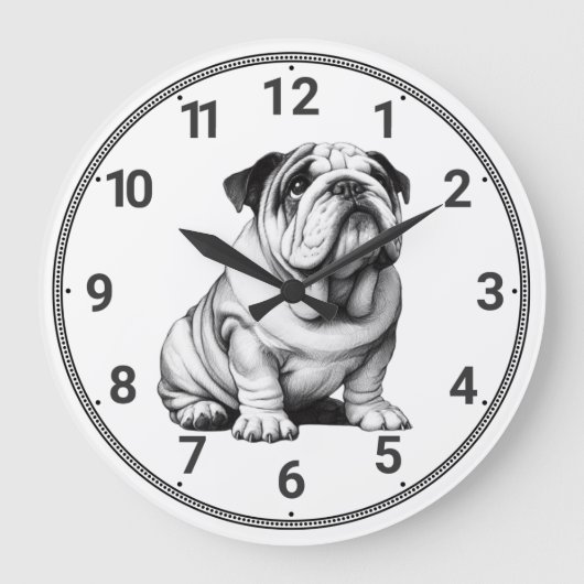 Schattigee zwart-wit bulldog schets grote klok (Voorkant)