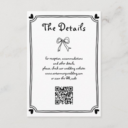 Schattigee Zwart-wit Hand getrokken krabbel bruilo Informatiekaartje (Voorkant)