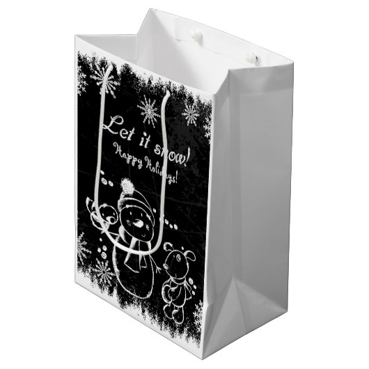 Schattigee zwart-wit kerstillustratie medium cadeauzakje (Voorkant Gekanteld)