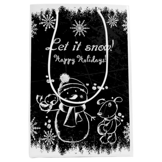 Schattigee zwart-wit kerstillustratie medium cadeauzakje (Voorkant)