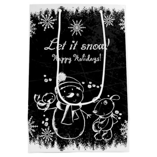 Schattigee zwart-wit kerstillustratie medium cadeauzakje (Achterkant)