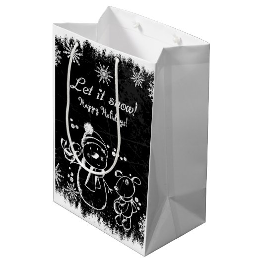 Schattigee zwart-wit kerstillustratie medium cadeauzakje (Achterkant Gekanteld)