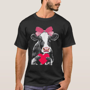 Schattigee Zwart Wit Koe Holding Hart Roze Coquett T-shirt