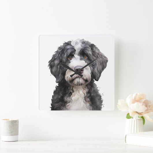 SCHATTIGEE ZWART-WIT PORTUGESE WATERHOND VIERKANTE KLOK (Huis)