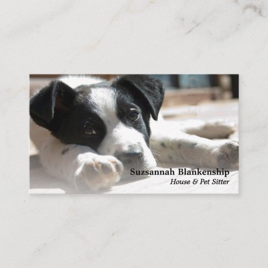 Schattigee zwart-wit puppy vervangbare foto visitekaartje (Voorkant)