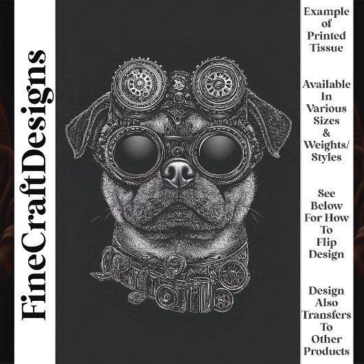 Schattigee Zwart & Wit Steampunk Pug T6 Decoupage Tissuepapier
