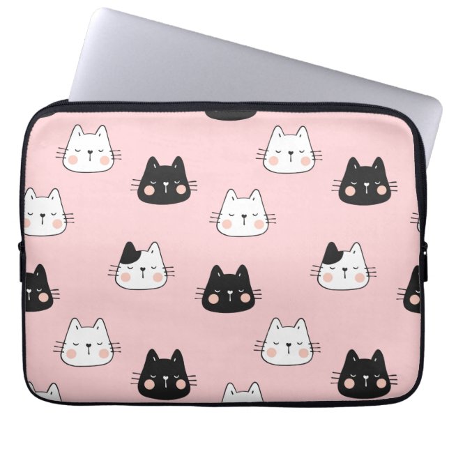 Schattigee zwart-witte Kawaii katten Laptop Sleeve (Voorkant)