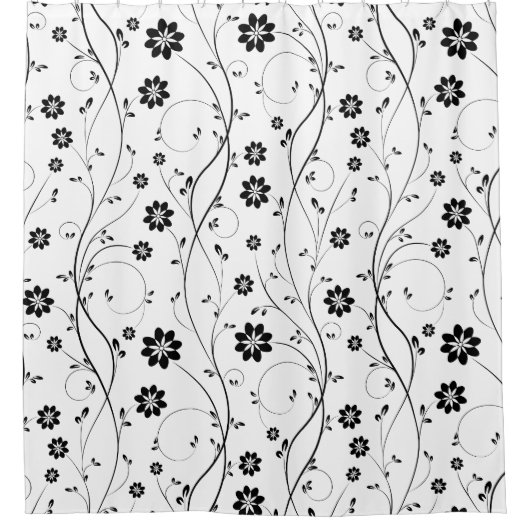 Schattigee zwarte bloemen en knoppen douchegordijn (Voorkant)