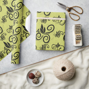 Schattigee Zwarte Bloemen Patroon Geel Cadeaupapier
