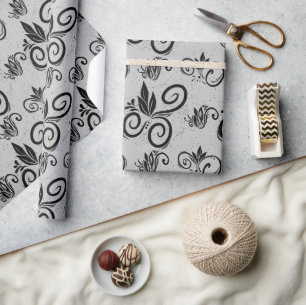 Schattigee Zwarte Bloemen Patroon Lichtgrijs Cadeaupapier