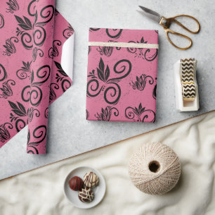 Schattigee Zwarte Bloemen Patroon Roze Cadeaupapier
