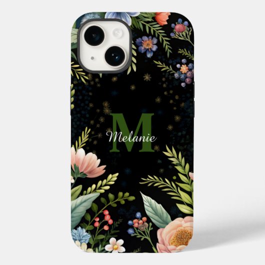 Schattigee Zwarte Bloemen Wildflower monogram Case-Mate iPhone Case (Achterkant)