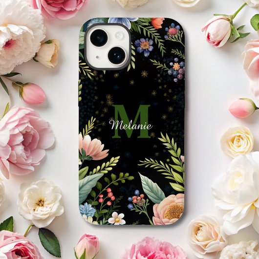 Schattigee Zwarte Bloemen Wildflower monogram Case-Mate iPhone Case