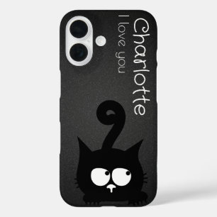 Schattigee zwarte cartoon katten naam houtskool iPhone 16 hoesje