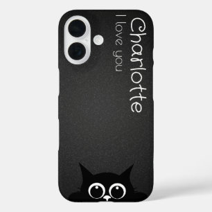 Schattigee zwarte cartoon katten naam houtskool iPhone 16 hoesje