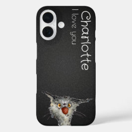 Schattigee zwarte cartoon katten naam houtskool iPhone 16 hoesje