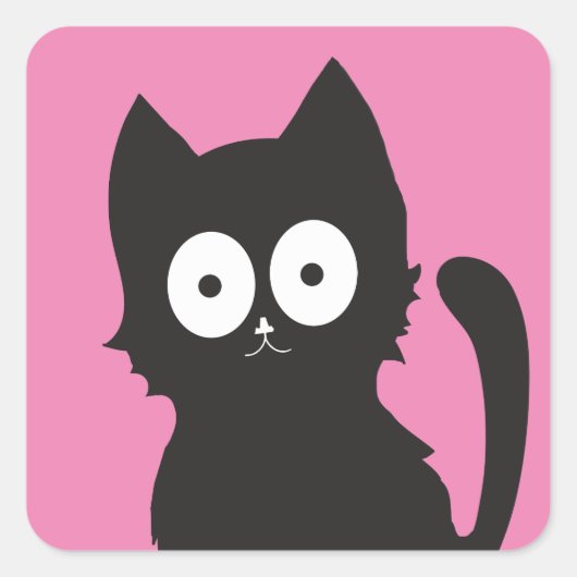 Schattigee zwarte Cartoon kitten op roze achtergro Vierkante Sticker (Voorkant)