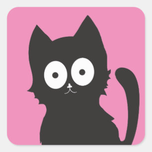 Schattigee zwarte Cartoon kitten op roze achtergro Vierkante Sticker
