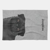 Schattigee zwarte Cartoon pug hoofd close-up en na Theedoek (Horizontaal)