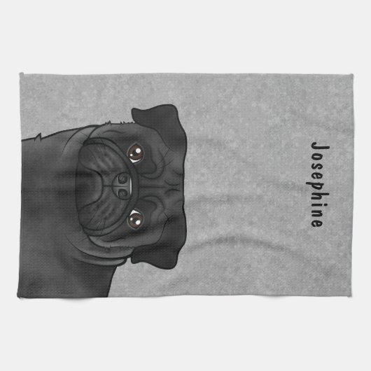 Schattigee zwarte Cartoon pug hoofd close-up en na Theedoek (Horizontaal)