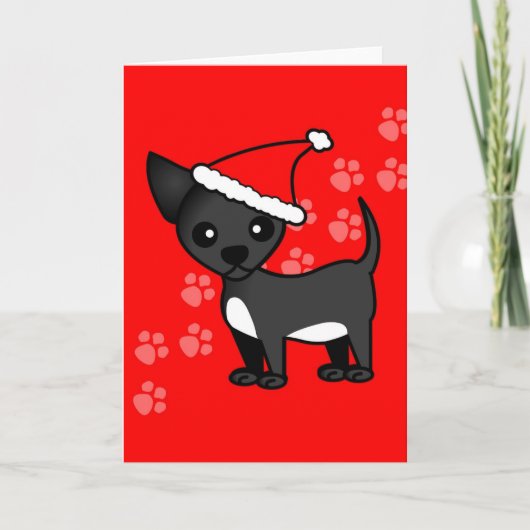 Schattigee zwarte Chihuahua Cartoon Santa Hat Feestdagen Kaart (Voorkant)