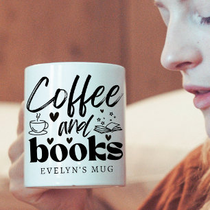 Schattigee zwarte en witte koffie- en boekenliefhe mok
