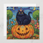 Schattigee zwarte Halloween kat en pompoen Feestdagenkaart (Voorkant / Achterkant)