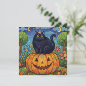 Schattigee zwarte Halloween kat en pompoen Feestdagenkaart (Staand voorkant)