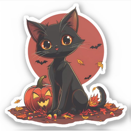 Schattigee zwarte Halloween kat met Jack-o-Lantern Sticker (Voorkant)