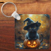 Schattigee zwarte Halloween pompoen Sleutelhanger (Voorkant)