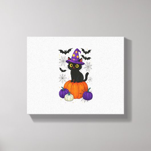 Schattigee zwarte heks kat pompoen Halloween kostu Canvas Afdruk (Voorkant)